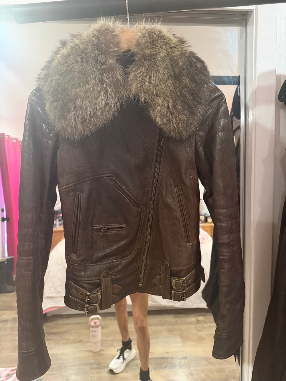 Dolce & Gabbana Brown Leather Jacket with Fur Collar vintage